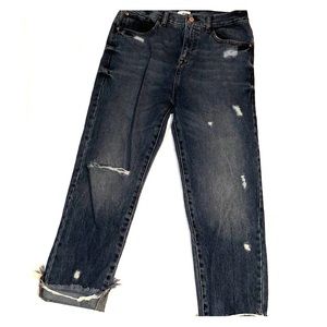High waisted straight leg distressed jeans